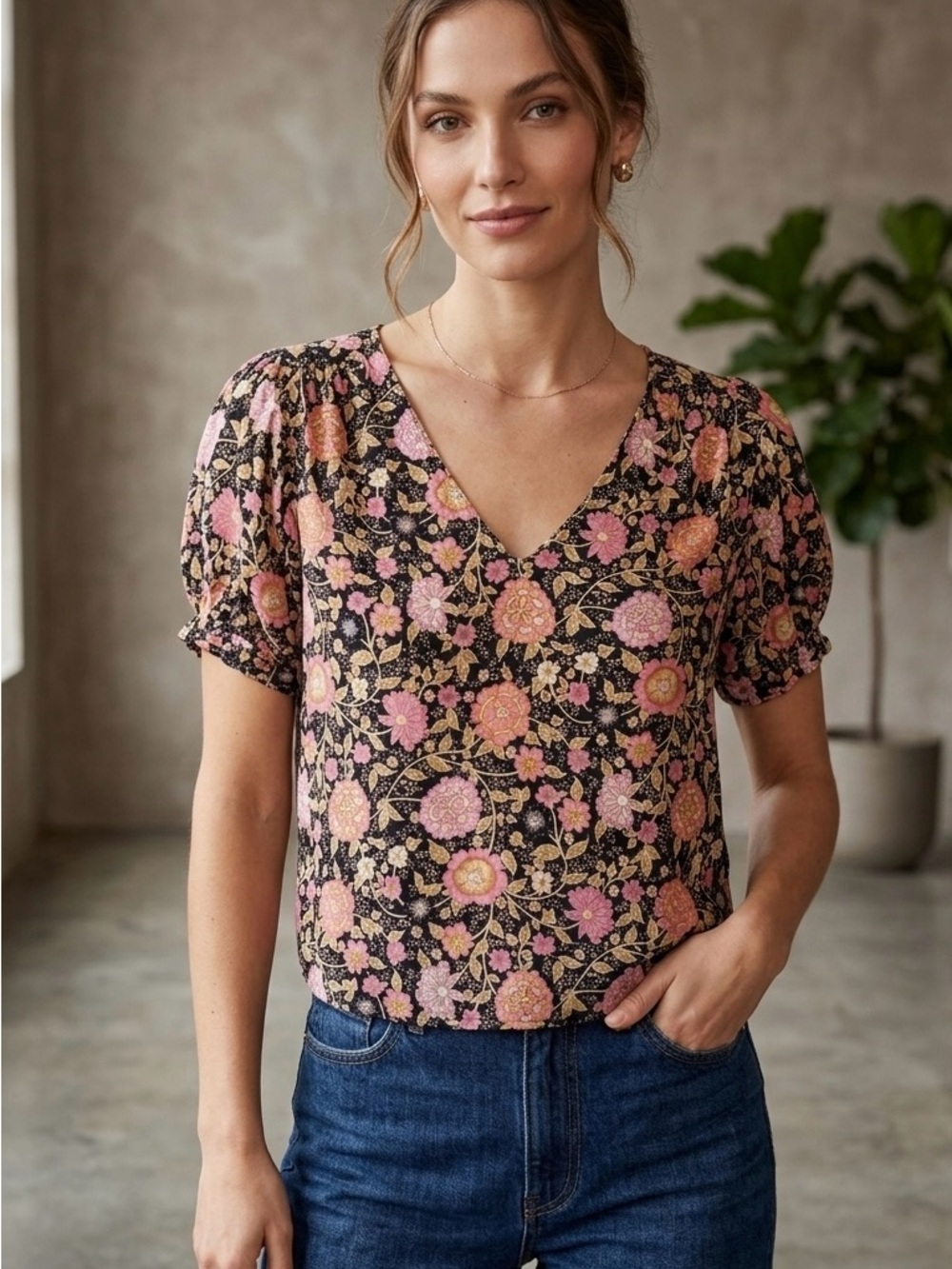 Cynthia Rowley Black & Pink Floral Puff Sleeve V-Neck Blouse - Boho Romantic Top